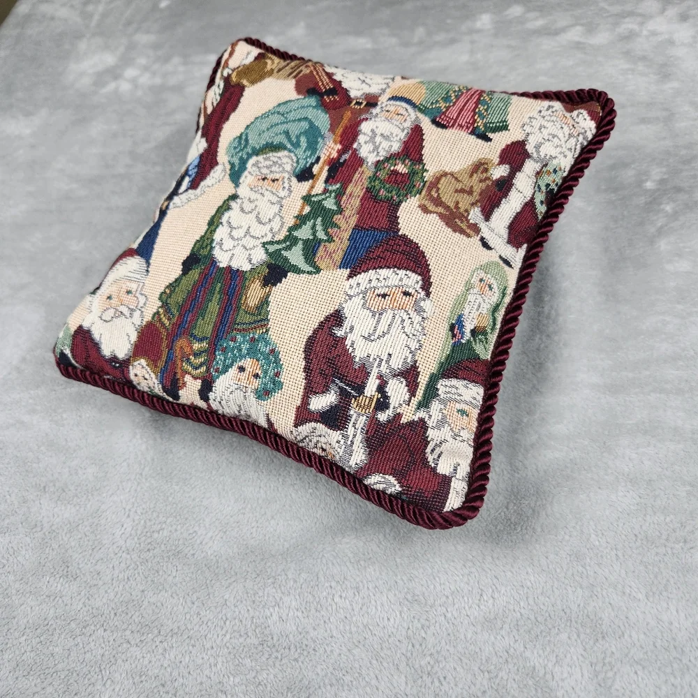 Vintage Tapestry Folk Santa Claus Christmas Emarald Green Throw Pillow 11”x11”